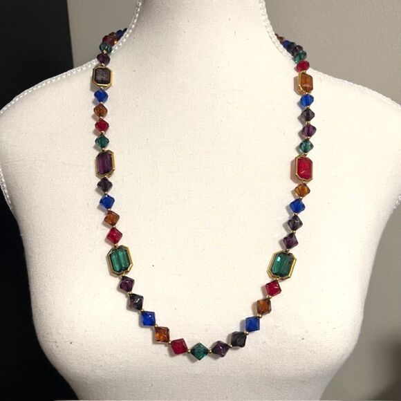 Multicolored Green Red Blue Faceted Gemstone Gold Tone Spacer Long Necklace - Picture 3 of 7